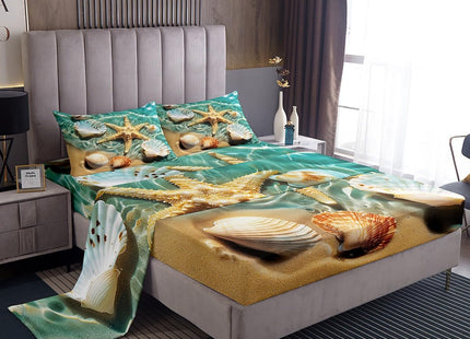 Ocean Bedding Set Beach Themed Sheet Set Teal Blue Ocean Sea Life Pattern Coastal Bed Sheet Sets Twin for Boys Girls 1 Starfish Flat Sheet - 1 Shell Fitted Sheet - 1 Pillowcase (Beach, Twin)