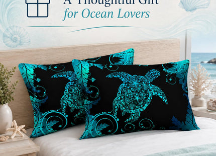 AILONEN Polynesian Sea Turtle Comforter Set Full Size, Dreamy Aqua Blue Bedding Fluorescence Texture Plant Abstract Turtle Star Conch Quilt Set All Season 3Pcs (1 Comforter + 2 Pillowcases)