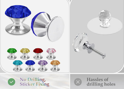 CcHhyyt 4 Pcs Crystal Adhesive Knobs Stick On Cabinet Handle Blue K9 Crystal Pulls Peel and Stick Dresser Pulls for Mirror Cabinet Drill Free Knobs for Glass Sliding Doors Fish Tank Lid Terrarium