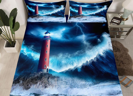 Erosebridal Lighthouse Bed Cover Nautical Fitted Sheet Surfing Ocean Wave Bedding Set Twin Size Coastal Nature Theme Fitted Sheet for Kids Boys Girls Teens Living Room Decor, Blue