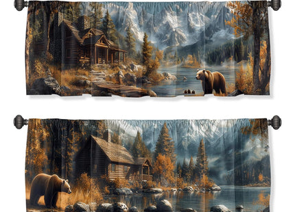 Bear Curtain Valance for Windows 2 Pack Lodge Cabin Rustic Farmhouse Wild Animal Rod Pocket Printed Curtain Valances Short Tier Curtains for Kitchen Living Room Bathroom Bedroom 54 x 18 Inch