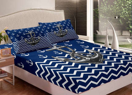 Nautical Anchor Sheet Set Twin Size Navy Blue White Geometric Stripes Bedding Set 3Pcs Kids Boys Teens Room Decor Abstract Ocean Waves Bed Sheet Sea Adventure Fitted + Flat Sheet,1 Pillowcase