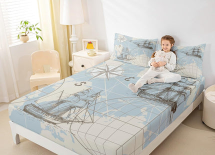Erosebridal Nautical Fitted Sheet, World Map Bottom Sheet for Kids Boys Girls Teens, Sailing Boat Yacht Retro Compass Bedding Set Soft Mattress Twin