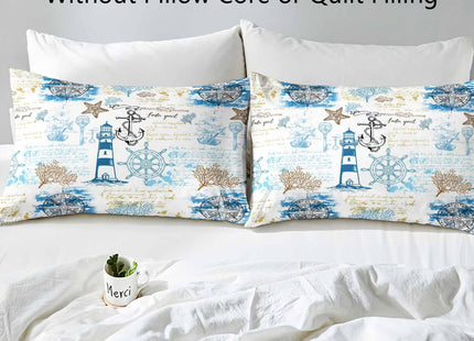 LUVIVIHOME 3PCS Nautical Bedding Set, King Duvet Cover, White Light Blue Stripes Lighthouse Anchor Compass Rudder Coral Starfish Beach Sea Ocean Coastal Comforter Bedspread Quilt Cover, 2 Pillow Cases