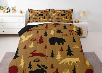 Feelyou Cabin Lodge Bedding Set Soft for Boys Girls, Bear Fox Moose Comforter Set Toddler Size Woodland Wild Animal Duvet Quilt Microfiber Farmhouse Bedroom Decor Brown 2 Pcs with 1 Pillow Cases