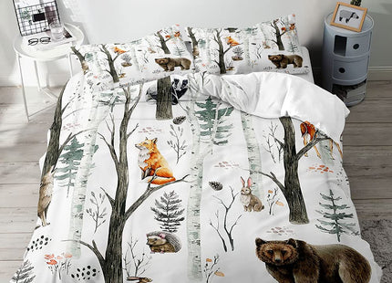 VIVIHOME 2PCS Woodland Forest Animal Duvet Cover Twin Bedding Sets, White Duvet Cover, Toddler Baby Boys Girls Kids Bedding, Bear Deer Fox Wolf Rabbit Rustic Lodge Cabin Comforter Cover, 1 Pillowcase
