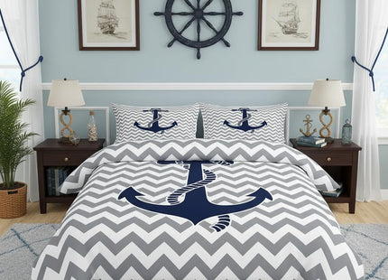 Nautical Anchor Duvet Cover Twin Size,Geometric Gray Stripe Bedding Set 2pcs for Kids Teens Adults Room Decor,Ocean Adventure Themed Comforter Cover Modern Abstract Quilt Cover,1 Pillowcase