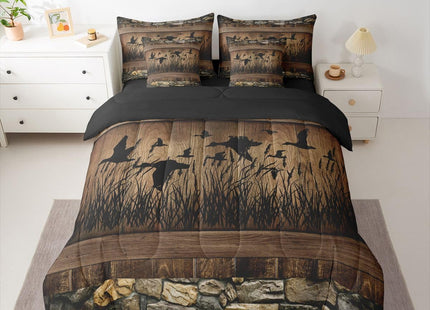 Erosebridal 7 Piece Mallard Duck Hunting Bedding Farmhouse Full Comforter Set with Sheets | Rustic Cabin Bed in A Bag for Kids Boys Teen Men,Brown Country Wooden Stone Bed Set Lodge Home Decor
