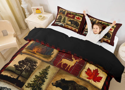 Bear Cabin Plaid Duvet Cover King, Rustic Farmhouse Comforter Cover, Retro Hunting Deer Bedding Set, Country Woodland Pine Tree Bed Cover, Maple Leaf Lodge Decor Quilt Cover, Red Black Brown