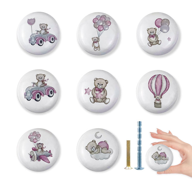 Lasyman 8Pack1.5 Ceramic Pink Bear Knob Cute Safari Animals Kids Nursery Furniture Cabinet Room Dresser Drawer Pulls and Knobs
