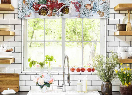 Christmas Snowman Valance Curtains for Kitchen Window 54" W x 18" L, Red Truck Xmas Tree Rod Pocket Small Curtain for Living Room Winter Robin Bird Deer Pine Valances for Windows/Bathroom/Bedroom