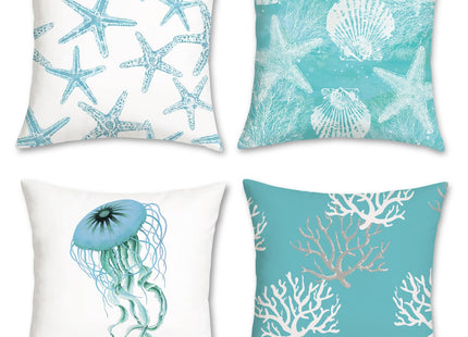 Bonhause Turquoise Coastal Pillow Covers 18x18 Inch Set of 4 Beach Starfish Seashell Ocean Coral Jellyfish Pillow Cases Soft Velvet Outdoor for Sofa Couch Car Bedroom Home Decor