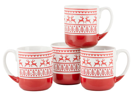10 Strawberry Street Embossed Reindeer Ceramic Mug, Set of 4 (Red), S4MUG-XMAS