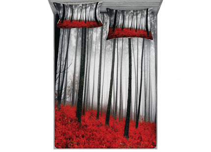 Ambesonne Forest 2 Pack Fitted Sheet & Pillow Sham Set, Foggy Woodland, 4 Pcs Bedding Decor, Package Contains 2 Calking Size Fitted Sheets & 4 Pillow Covers, Pale Grey Black and Red