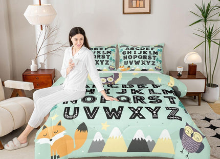 Feelyou Alphabet Kids ABC Learning Comforter Set All Season Cute Fox Bedding Set with 1 Pillow Cases Educational Nursery Art Kids Toddler Bedclothes Woodland Animals Bedroom Decor Duvet Quilt