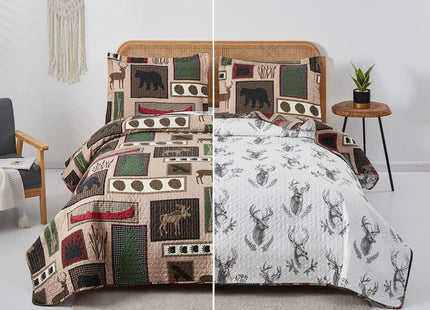 Oliven Reversible Home Rustic Bedding Lodge Moose Bear Quilt Set King Size,3 Pcs Lightweight Cabin Bedspread Bear Paw Eagle Elk Printed Bed Cover All Season Coverlet Bed Set with King Pillow Shams