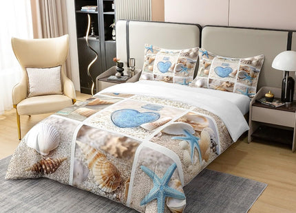Erosebridal 100% Cotton Beach Duvet Cover, Ocean Themed Bedding Set Twin Size Coastal Nature Comforter Cover Starfish Love Heart Cotton Set for Kids Boys Girls Teens Adult Bedroom Decor