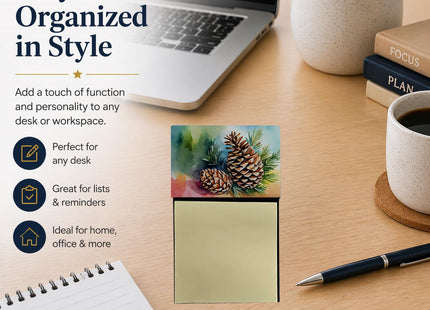 Caroline's Treasures Maine White Pine Cone and Tassels in Watercolor Sticky Note Holder Refillable Dispenser Self-Sticky Note Pads, Memo Pads Blank Desk Accessories