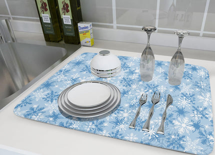 Winter Snowflake Dish Drying Mat for Kitchen Counter Blue White Christmas Snowflake Drying Mat 18x24 Inch Xmas Holiday Absorbent Dish Drainer Mat Christmas Kitchen Accessories
