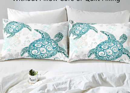LUVIVIHOME 3PCS Teal Sea Turtle Duvet Cover King Bedding Set, Kids Bedding, Coastal Bedding, Starfish Seashell Conch Coral Seaweed Sea Ocean Beach Nautical White Comforter Quilt Cover, 2 Pillow Cases