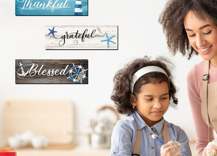 Yookeer 3 Pieces Thankful Grateful Blessed Wooden Signs, Coastal Style