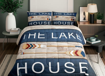 Castle Fairy Lake House Theme Comforter Set,Rustic Farmhouse Bedding Set for Kids Girls Women,Adults Lake Paddles Comforter,Retro Wooden Quilted Duvet Set Bedroom Collection Twin Size 2Pcs