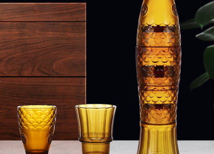 MDLUU Fish Design Tumbler Glasses, Stackable Drinking Glasses, Colored Glass Beverage Cups, Nautical Glassware for Gift, Set of 4 (Amber)
