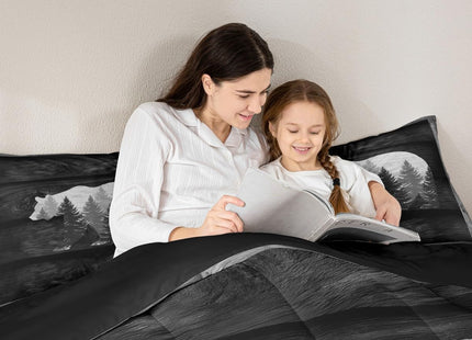 Castle Fairy Lodge Cabin Comforter Set Gray Bear Pine Tree Silhouette Pattern Quilted Duvet with 2 Pillowcases+1 Wild Animal Western Jungle Style Bedding for Teens Adults Full Size 3 Pcs