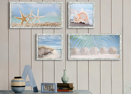 Starfish Prints Wooden Wall Art: Ocean Art Set of 4 Seashell Pictures Collection Beach Framed Wall Decor for Bedroom Overall 36"W x 24"H