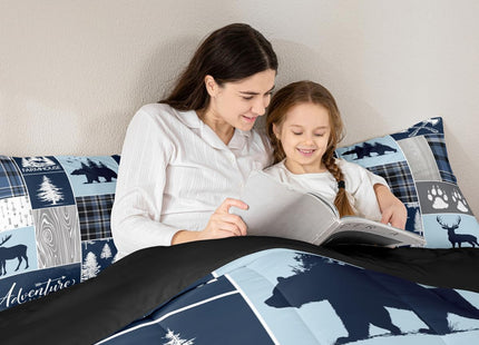 Hunting Bear Deer Quilt,Christmas Buffalo Plaid Comforter Set Twin Size Rustic Cabin Patchwork Duvet Sets For Kids Boys Teens Adult,Farmhouse Cowboy Woodland Bedding Set,1 Pillow Case,Blue Grey