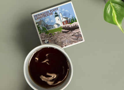 Lantern Press Maine, Pemaquid Lighthouse (Absorbent Ceramic Coaster, Single, Cork Back, Kitchen Table Decor)
