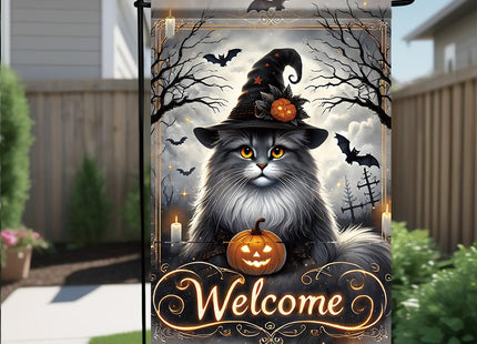 Starlit Patio Halloween Welcome Garden Flag Maine Coon Cat 12x18 Inch Double Sided Witch Pumpkin Outdoor Yard Flag, Spooky Farmhouse Porch Lawn Gothic Halloween Decorations for Cat Lovers