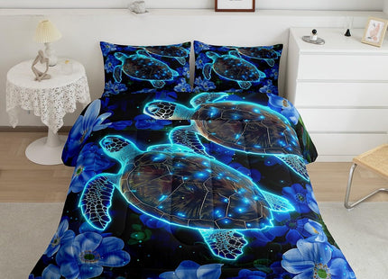 Glowing Teal Sea Turtle Down Comforter Blue Flowers Ocean Bedding Set Twin for Kids Child,Marine Life Reptile Comforter Set Coastal Creature Bed Quilt Botanical Floral Leaves Bedroom Decor