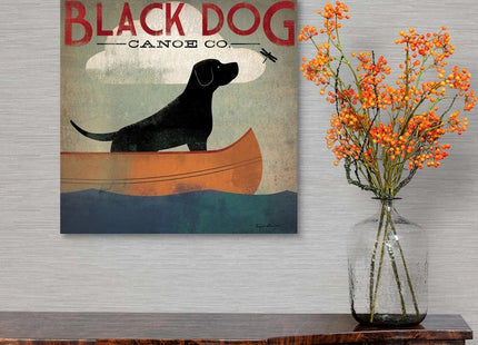 CANVAS ON DEMAND Black Dog Canoe Canvas Wall Art Print, Home Decor, Wildlife Artwork, 16" x16in