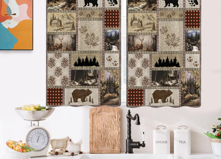 Rustic Farmhouse Kitchen Curtains Mini 27.5'' W x 39'' L Bear Deer Cabin Western Brown Country Style Antique Vintage Retro Woodland Short Small Cafe Room Window Drapes Treatment Tiers Fabric 1 Pair