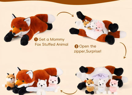 Youthfuljive 4 in 1 Fox Stuffed Animal Plush Set, 19" Large Mommy Red Stuffed Fox Plush Toy with 3 Baby Foxes Fox Plushies Pillow Fox Toys for Girls Boys Kids Birthday Christmas Plush Gifts Decor
