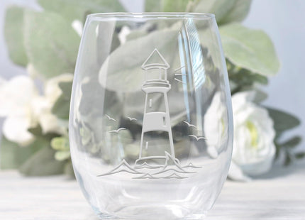 Lighthouse Stemless Wine Glass - Coastal, Cottage, Lighthouse Gift - 4 Glasses