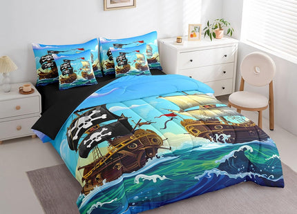 Erosebridal Sailboat Bed in A Bag Full Sailing Ship Nautical Comforter Set 7 Piece for Kids Boys,Ocean Wave Bedding Set Cartoon Pirate Ship Bed Sheets Set with Comforter
