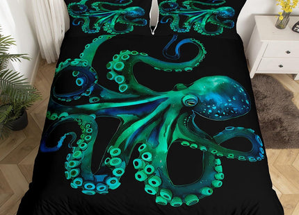Erosebridal Octopus Bedding Set Sealife Duvet Cover Ocean Animal Comforter Cover for Kids Teens Adult,Decoration 3 Pcs Bedding Set (1 Duvet Cover 2 Pillowcases) Full Size,Black Green