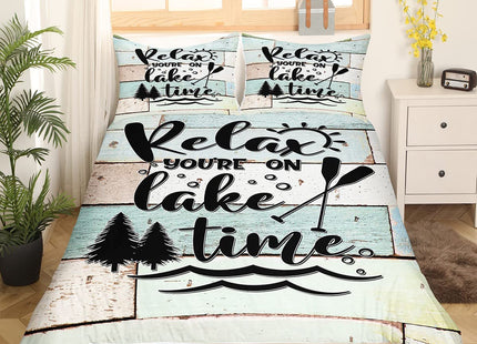 Lake Life Theme Duvet Cover Set Twin Size,Light Blue Green Wood Stripes Comforter Cover Rustic Farmhouse Style Bedding Set for Kids Girls Women Teens Room Decor Lake Cabin Quotes Quilt Cover 2pcs