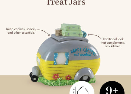 Young's Inc Ceramic Happy Campers Cookie Jar for Kitchen Counter, RV, Camper & Cabin Decor, Rustic Woodland Cookie Storage Container with Lid, 9.5 x 5.75 x 7.5 Inch
