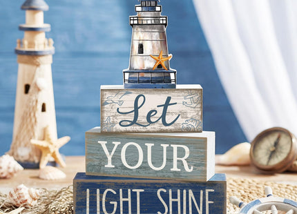 Lineshading 4 Pcs Beach Coastal Table Decor Wooden Lighthouse Decoration with Starfish Summer Tiered Tray Decor Blue and White Ocean Centerpieces Rustic Beach House Nautical Decorations for Home Shelf