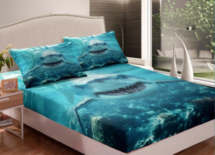 3D Shark Bed Sheets For Kids Boys Teens Marine Life Ocean Shark Sheet Set Sea Underwater Fitted Sheet Aquatic Animal Bedding Set, Nautical Flat Sheet Room Decor 4Pcs Sheets Full Size, Blue White