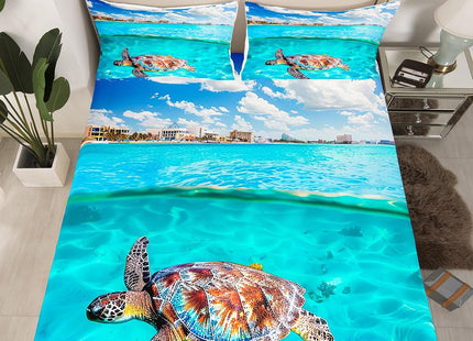 Sea Turtle Bedding Set Marine Life Printed Sheet Set Teal Sea Hawaiian Turtle Pattern Fitted Sheet, Boys Teens Girls Tortoise Fitted Bed Sheets Ocean Beach Theme Fitted Sheet Deep Pockets, Twin XL