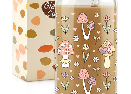 Mushroom Glass Cup with Bamboo Lids Straws, 16oz Retro Hippie Tumbler