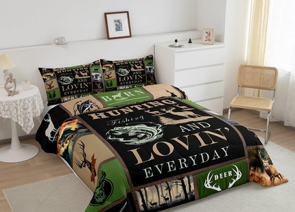 Feelyou Big Pike Fish Bedding Set Toddler Size Deer Comforter Set for Kids Boys Girls Fish and Hunt Duvet Set Antlers Fish Fishing Rod Inner Fill Comforter 1 Comforter Set with 1 Pillowcase