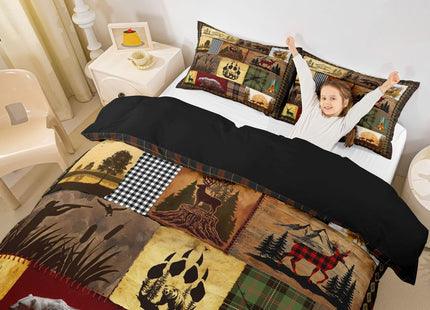 Rustic Cabin Lodge Bedding Set Patchwork Duck Bear Deer Moose Comforter Cover Twin For Adults Men Retro Farmhouse Buffalo Plaid Duvet Cover Hunting Woodland Wildlife Animal Bed Set 1 Pillow Case