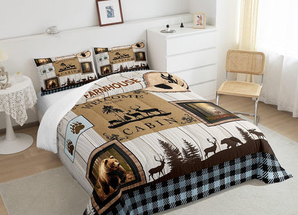 Rustic Bear Moose Quilt Full Size,Countryside Rural Hunting Theme Duvet Insert for Men Women Adults,Retro Farmhouse Wood Plank Comforter Set,Woodland Animal Cabin Lodge Inner Fill Bedding,3Pcs