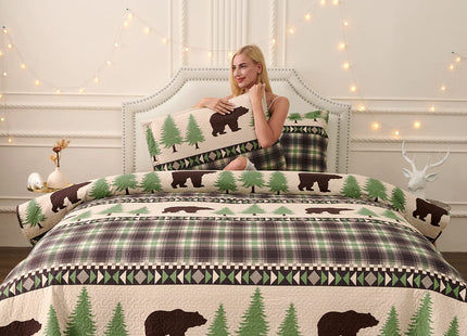 Quilt Set Twin Size Rustic Bedding Lodge Bed Quilts Twin Plaid Quilt Bed Spread Country Cabin Brown Bear Twin Quilt Bedding Lightweight Reversible Quilts Home Bedspread Coverlet with 2 Pillow Shams