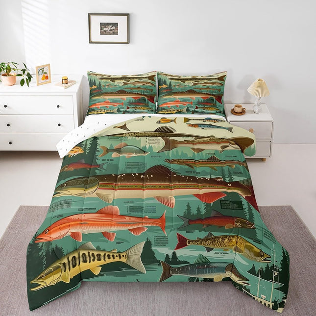 Erosebridal Fish Theme Twin Comforter Set,Fishing Lake House Bedding Sets for Kids Boys Girls,Big Bass Pike Fish Quilt Bed Set,Rustic Cabin Farmhouse Bedroom Decor,1 Pillowcase Breathable